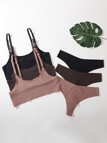 MakeMeChic Women's 3 Pack Solid Adjustable Strap Wireless Bra and Mid Rise Thongs Lingerie Sets in Saudi Arabia