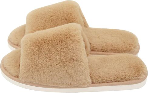 Fuzzy Slippers Women Fluffy Faux Fur Open Toe House Slippers Comfy Soft Non-Slip House Sandals Shoes Indoor Outdoor， Brown, Size 6.5-7 in Saudi Arabia