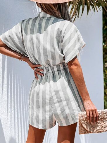 CUPSHE Women's Striped Basic Collar Romper Jogger Jumpsuit Short Dolman Sleeves Romper with Pockets in Saudi Arabia