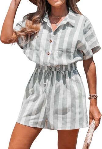 CUPSHE Women's Striped Basic Collar Romper Jogger Jumpsuit Short Dolman Sleeves Romper with Pockets in Saudi Arabia