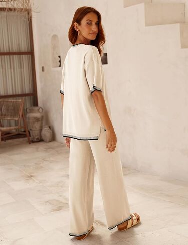 أطقم سترات نسائية من Tanming مكونة من قطعتين ملابس بأكمام قصيرة وقمصان محبوكة بأرجل واسعة in Kuwait