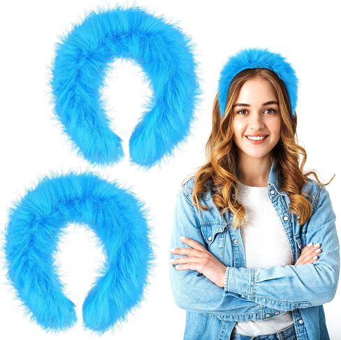 Hiwooii 2 Pack Blue Fuzzy Headbands Fuzzy Costume Hairband Soft Fluffy Furry Headwear Hair Hoop for Party Cosplay in Kuwait