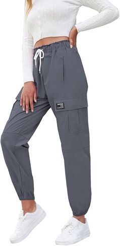 SANGTREE Women's Cargo Elastic Waist Drawstring Pants Tapered Jogger Pants with Pockets for Women,Dark Grey,S in Saudi Arabia
