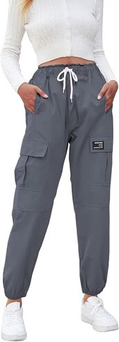 SANGTREE Women's Cargo Elastic Waist Drawstring Pants Tapered Jogger Pants with Pockets for Women,Dark Grey,S in Saudi Arabia