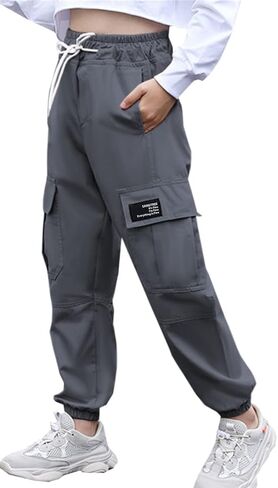 SANGTREE Women's Cargo Elastic Waist Drawstring Pants Tapered Jogger Pants with Pockets for Women,Dark Grey,S in Saudi Arabia