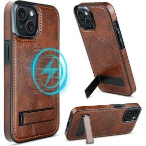 MMHUO Magnetic for iPhone 15 Leather Case,Compatible with Magsafe,Built-in Invisible Stand,Premium Leather Ultra Slim Magnetic Case Kickstand Cover Protective Phone Case for iPhone 15,Brown in Kuwait