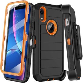 for iPhone XR Case with Built-in Screen Protector,Belt Clip Holster,Heavy Duty Shockproof Drop Protection Military Grade Rugged Full Body Durable Phone Cover with Kickstand (Black Orange)
