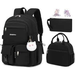 3PCS School Backpack for Teen Girls 15.6 Inch Laptop Backpacks Waterproof Bookbag Cute School Bag BLACK