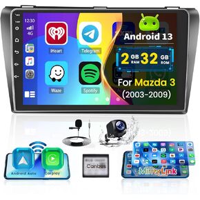 Roinvou [2G+32G] Android 13 Car Stereo for Mazda 3 2006-2012 with Wireless Carplay Android Auto, 9" Touch Screen Car Radio Support GPS/WiFi/Bluetooth/26UI/Voice Control/SWC/Backup Camera