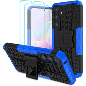 for Samsung Galaxy A35 5G Case with 2 Pack Screen Protector, Dual Layer Military Grade Shockproof, Heavy Duty Robust Bumper Cover with Kickstand for Galaxy A35 5G Phone Case, Blue