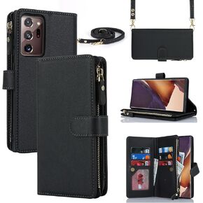 iCoverCase for Samsung Galaxy Note 20 Ultra Wallet Case with Card Holder for Women, Crossbody Lanyard Strap Kickstand PU Leather Case with Zipper Pocket Credit Card Slots Cover (Black)