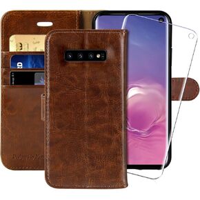 MONASAY Wallet Case Compatible for Galaxy S10, [Included Screen Protector][RFID Blocking] Flip Folio Leather Cell Phone Cover with Credit Card Holder, 6.1 inch, Burgundy