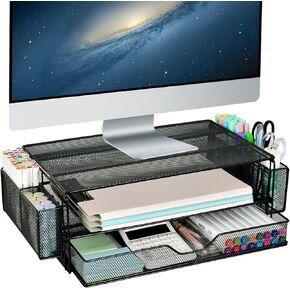 AUPSEN Computer Monitor Stands with Drawers and 2 Pen Holder, Desk Accessories & Workspace Desk Organizers, Monitor Stand for Computer, Laptop, Printer, Office Supplies(Pink)