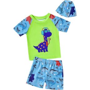 Toddler Boys Dinosaur RashGuard Swimsuit - Kids Short Sleeve Shirt Trunks Swimwear Bathing Suit with Hat 3Pcs Sets