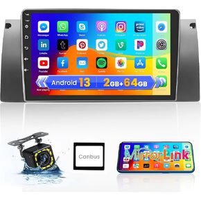 Roinvou 2+64G Android CarPlay Stereo for 1996-2003 BMW 5 Series (X5/E39/M5/E53), Built-in Wireless CarPlay Radio with Android Auto, 9'' Touch Screen in-Dash GPS Navi Support Mirror Link BT HiFi WiFi