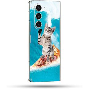 MightySkins Skin Compatible with Samsung Galaxy Z Fold 5 Full Wrap - Pizza Surfing Kitty | Protective, Durable, and Unique Vinyl Decal wrap Cover | Easy to Apply & Change Styles | Made in The USA