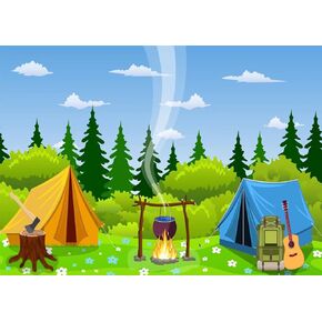 BELECO 7x5ft Fabric Camping Backdrop Cartoon Forest Scene Bonfire Campfire Party Camp Tent Little Lumberjack Birthday Banner Camper Backdrop Camping Theme Party Decoration Outdoor Adventure Photo Prop