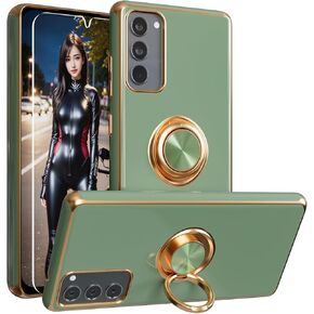 for S20 FE Case,+Screen Protector,with Magnetic Kickstand,Built-in 360° Rotation Ring Holder,Plating Gold Edge Slim Soft TPU Shockproof Protective Case for Samsung Galaxy S20 FE 5G, Mint Green