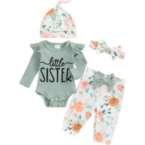 Newborn Baby Girl Clothes Outfits Little Sister Romper Bodysuit Floral Pants Headband Cute Coming Home Outfit in Kuwait