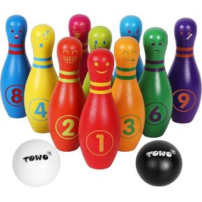TOWO Wooden Skittles for Children - Wooden Skittle Set with Animal Faces and Numbers - 10 Pin Bowling Set for Kids Garden Toys- Wooden Toys for 2 Year Old