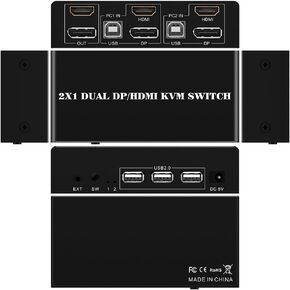 8K@30Hz 2 Port HDMI + Displayport Dual Monitor DP 2x1 KVM Switch with 3 USB Port Keyboard Mouse Switcher