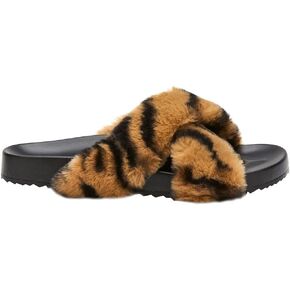 Matisse Footwear Seasons Vegan Slide Sandal, Tan Zebra, Thick Faux Fur Lining and Footbed, Cushioned Footbed, PETA-Certified Vegan, Slip-On Style, Medium Width, Tan Zebra/Brown, Black, White
