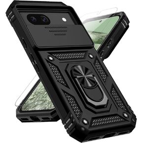 for Google Pixel 8A Case with Slide Camera Cover HD Screen Protector [Military Grade 16ft. Drop Tested] Magnetic Ring Holder Kickstand Protective Phone Case for Google Pixel 8A 2024, Black