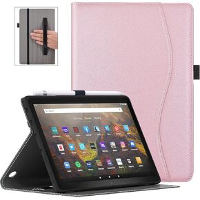 VORI Case for All-New Amazon Fire HD 10 Tablet (11th Generation 2021 Release) and Fire HD 10 Plus, Folding Stand TPU Cover with Auto Wake/Sleep & Hand Strap for Fire 10.1 Inch 2021, Flower Rose