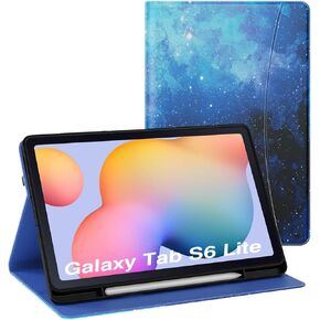 MoKo for Samsung Galaxy Tab S6 Lite 10.4 Inch 2024/2022/2020 Case with S Pen Holder, Multi-Angle Viewing Galaxy Tab S6 Lite Case with Soft TPU Back Cover, Front Pocket, Hand Strap, Denim Blue & Brown