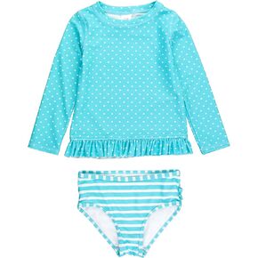 RuffleButts Bright Aqua Heart Polka Dot Long Sleeve Rash Guard Bikini - 12-18m