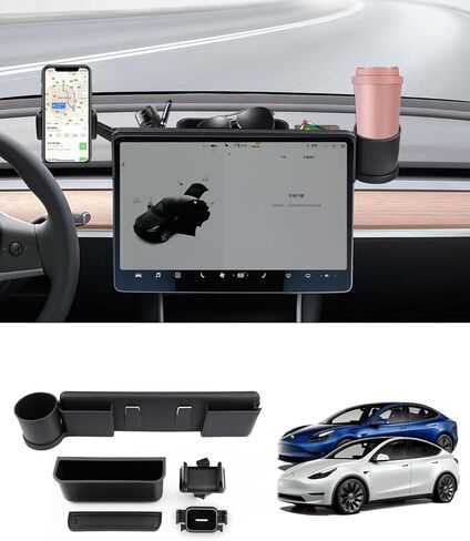 حامل هاتف الشاشة 2020-2024 لطراز Tesla Y / 2017-2024 موديل 3 ملحقات حامل أكواب ونظارات شمسية وحامل هاتف أسود (يناسب جميع موديلات الهواتف) in Kuwait