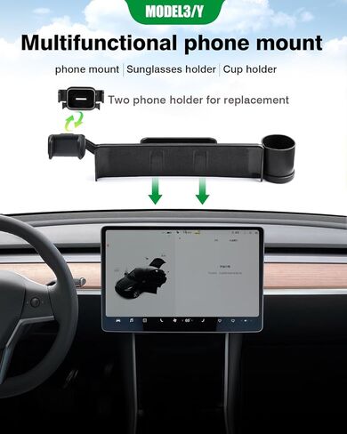 حامل هاتف الشاشة 2020-2024 لطراز Tesla Y / 2017-2024 موديل 3 ملحقات حامل أكواب ونظارات شمسية وحامل هاتف أسود (يناسب جميع موديلات الهواتف) in Kuwait