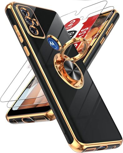 حافظة هاتف LeYi لهاتف Moto G Play 2023: مع واقي شاشة من الزجاج المقوى [عبوة من قطعتين] حامل حلقي قابل للدوران 360 درجة ومسند مغناطيسي، حافظة واقية بحافة ذهبية وردية، أسود in Kuwait