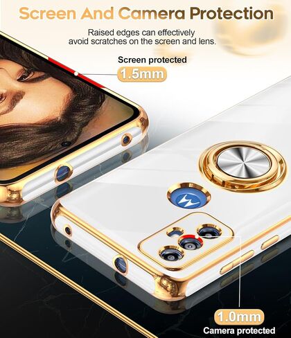 حافظة هاتف LeYi لهاتف Moto G Play 2023: مع واقي شاشة من الزجاج المقوى [عبوة من قطعتين] حامل حلقي قابل للدوران 360 درجة ومسند مغناطيسي، حافظة واقية بحافة ذهبية وردية، أسود in Kuwait