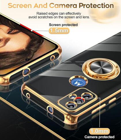 حافظة هاتف LeYi لهاتف Moto G Play 2023: مع واقي شاشة من الزجاج المقوى [عبوة من قطعتين] حامل حلقي قابل للدوران 360 درجة ومسند مغناطيسي، حافظة واقية بحافة ذهبية وردية، أسود in Kuwait