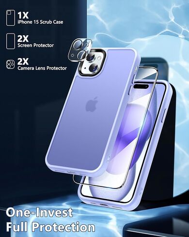 Dssairo 5 in 1 for iPhone 15 Case, with 2X Screen Protectors + 2X Camera Lens Protectors, [15FT Military Grade Protection] Anti-Fingerprints Anti-Scratch Translucent Matte Back (Black)… in Saudi Arabia