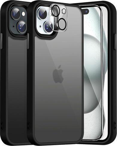 Dssairo 5 in 1 for iPhone 15 Case, with 2X Screen Protectors + 2X Camera Lens Protectors, [15FT Military Grade Protection] Anti-Fingerprints Anti-Scratch Translucent Matte Back (Black)… in Saudi Arabia