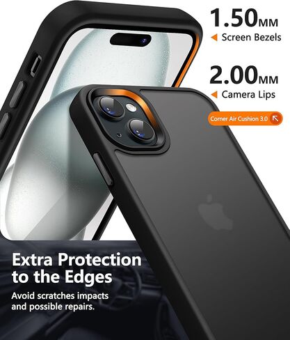 Dssairo 5 in 1 for iPhone 15 Case, with 2X Screen Protectors + 2X Camera Lens Protectors, [15FT Military Grade Protection] Anti-Fingerprints Anti-Scratch Translucent Matte Back (Black)… in Saudi Arabia