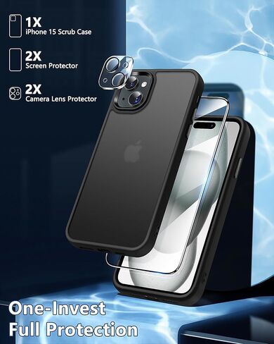 Dssairo 5 in 1 for iPhone 15 Case, with 2X Screen Protectors + 2X Camera Lens Protectors, [15FT Military Grade Protection] Anti-Fingerprints Anti-Scratch Translucent Matte Back (Black)… in Saudi Arabia
