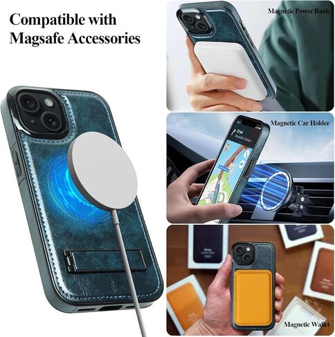 MMHUO Magnetic for iPhone 15 Leather Case,Compatible with Magsafe,Built-in Invisible Stand,Premium Leather Ultra Slim Magnetic Case Kickstand Cover Protective Phone Case for iPhone 15,Brown in Saudi Arabia