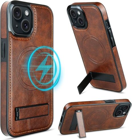 MMHUO Magnetic for iPhone 15 Leather Case,Compatible with Magsafe,Built-in Invisible Stand,Premium Leather Ultra Slim Magnetic Case Kickstand Cover Protective Phone Case for iPhone 15,Brown in Kuwait