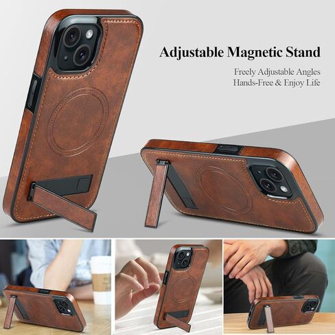 MMHUO Magnetic for iPhone 15 Leather Case,Compatible with Magsafe,Built-in Invisible Stand,Premium Leather Ultra Slim Magnetic Case Kickstand Cover Protective Phone Case for iPhone 15,Brown in Kuwait