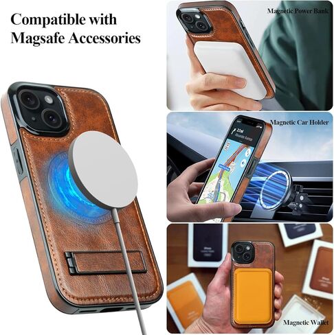 MMHUO Magnetic for iPhone 15 Leather Case,Compatible with Magsafe,Built-in Invisible Stand,Premium Leather Ultra Slim Magnetic Case Kickstand Cover Protective Phone Case for iPhone 15,Brown in Kuwait