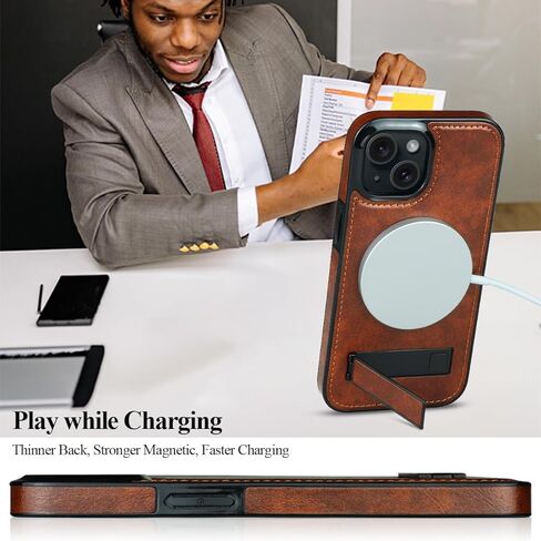 MMHUO Magnetic for iPhone 15 Leather Case,Compatible with Magsafe,Built-in Invisible Stand,Premium Leather Ultra Slim Magnetic Case Kickstand Cover Protective Phone Case for iPhone 15,Brown in Kuwait