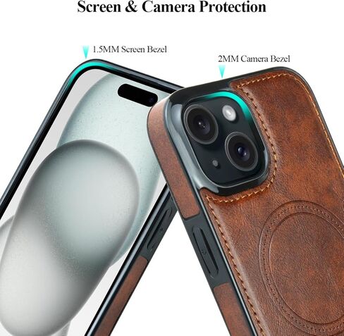 MMHUO Magnetic for iPhone 15 Leather Case,Compatible with Magsafe,Built-in Invisible Stand,Premium Leather Ultra Slim Magnetic Case Kickstand Cover Protective Phone Case for iPhone 15,Brown in Kuwait
