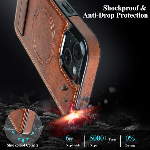 MMHUO Magnetic for iPhone 15 Leather Case,Compatible with Magsafe,Built-in Invisible Stand,Premium Leather Ultra Slim Magnetic Case Kickstand Cover Protective Phone Case for iPhone 15,Brown in Kuwait