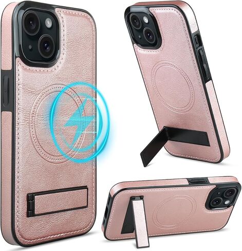 MMHUO Magnetic for iPhone 15 Leather Case,Compatible with Magsafe,Built-in Invisible Stand,Premium Leather Ultra Slim Magnetic Case Kickstand Cover Protective Phone Case for iPhone 15,Brown in Saudi Arabia