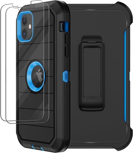 حافظة لهاتف iPhone 11 مع حافظة بمشبك حزام، 2 × واقي شاشة، [درجة عسكرية] غطاء حماية متين مقاوم للصدمات والغبار والسقوط لهاتف Apple iPhone 11 (أسود أزرق B) in Kuwait