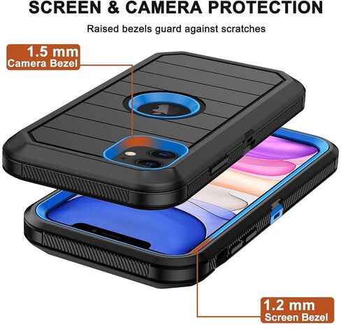 حافظة لهاتف iPhone 11 مع حافظة بمشبك حزام، 2 × واقي شاشة، [درجة عسكرية] غطاء حماية متين مقاوم للصدمات والغبار والسقوط لهاتف Apple iPhone 11 (أسود أزرق B) in Kuwait