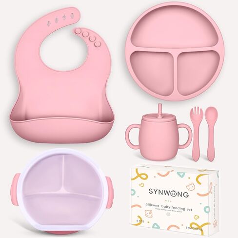 Silicone Baby Feeding Set, Baby Weaning Supplies with Suction Cup Divider Tray, Toddler Self-Feeding Tableware Set with Spoon Fork Drinking Mug Adjustable Bib for Babies 6+ Months (Pink) in Saudi Arabia